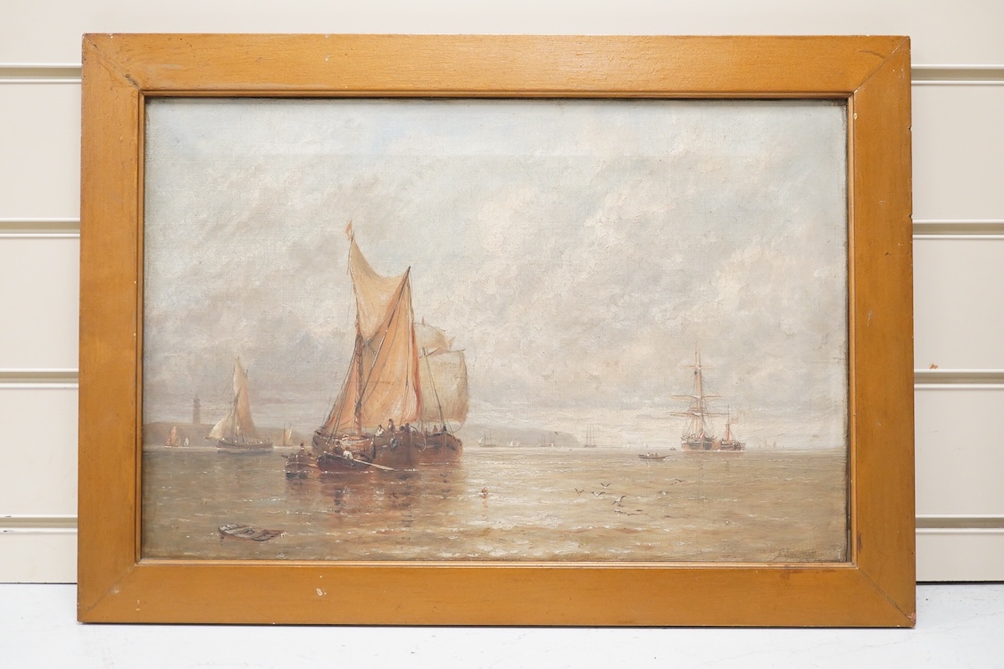 Late 19th century English School, 'Offshore boating', oil on canvas, indistinctly signed lower right, 29 x 44cm